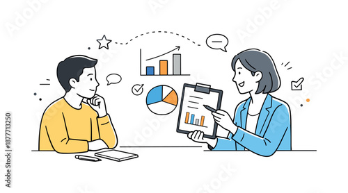 Open Performance Review. Performance review conversation. Employee listening thoughtfully while manager explains key points with simple charts. Feeling of