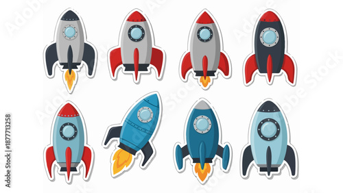 Set of 8 Cartoon Rocket Ship Vector Illustrations with Flame Trails