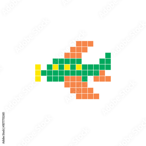 A flat pixel design made of geometric square color blocks on a clean icon layout. Pixel art aircraft