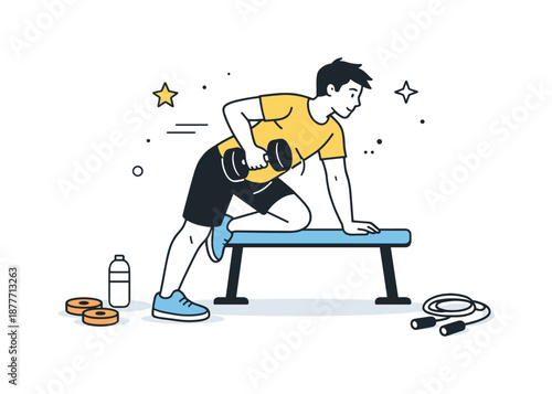 Fitness Strength Illustration. Fitness workout training. Individual doing strength exercises with dumbbells, steady effort and controlled posture. Minimalist