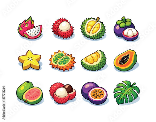 Exotic Fruit Icons. Exotic fruits. Colorful isometric vector icons set of exotic fruits: dragon fruit, rambutan, durian, mangosteen, starfruit, horned melon,
