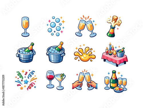 Festive Sparkle Icons. Sparkle celebration. Colorful isometric vector icons set of sparkle celebration: champagne flute, rising bubbles, clinking glasses,