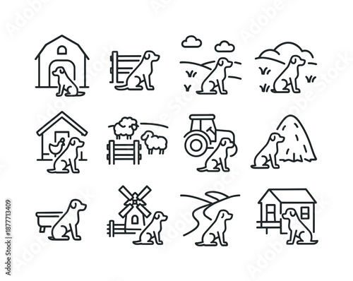 Farm Dog Icons. Farm dog. Line icon set of farm environments for dogs: barn entrance, fenced pasture, open field, grassy hill, chicken coop, sheep pen, tractor