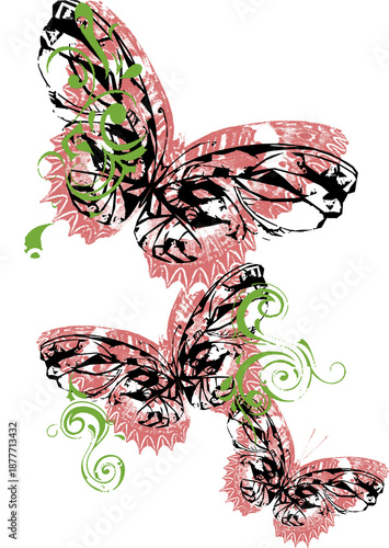 Abstract butterfly trio with pink grunge texture and green ornamental swirls