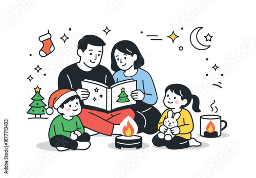 Cozy Christmas Storytime. Parents reading Christmas story at home. Family gathered near a small lamp or fireplace with a book, cozy interior and relaxed