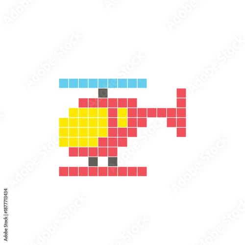 A flat pixel design made of geometric square color blocks on a clean icon layout. Pixel art helicopter