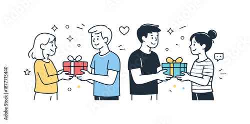 Friends Exchanging Gifts. Friends exchanging gifts. Friends standing together and smiling while handing wrapped presents to each other. Warm joy and friendly