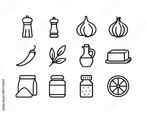 Essential Cooking Icons. Food ingredients. Line icon set of Food ingredients: salt shaker, pepper grinder, garlic clove, onion, chili pepper, herbs, oil