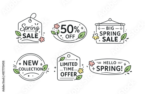 Spring Sale Badges. Promo badges for spring sales. A spring-themed badge set with subtle leaf and flower icons integrated into price tags and labels, fresh and