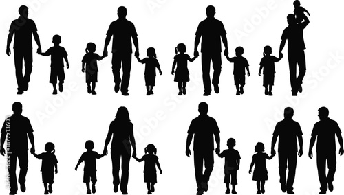 Silhouette family walking together with children, parents holding hands, happy family lifestyle concept isolated on white background illustration