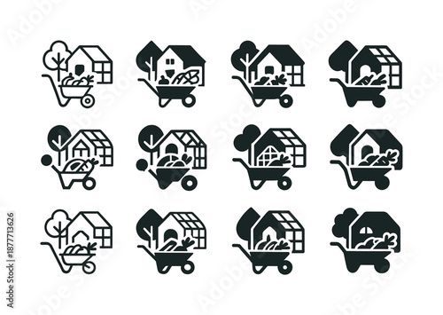 Farm Greenhouse Logos. A small farm with a hand-built greenhouse for growing vegetables. Icon set. Set Logo of A small farm with a hand-built greenhouse for