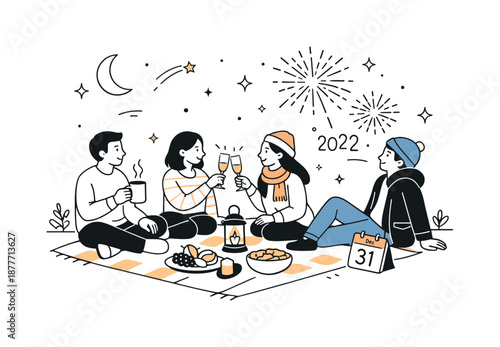 New Year Picnic. New Year?s Eve picnic with friends. Editorial scene showing togetherness, reflection and welcoming the new year in a relaxed outdoor way.