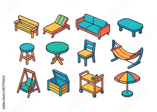 Colorful Deck Furniture Icons. Deck furniture. Colorful isometric vector icons set of deck furniture: wooden bench, lounge chair, outdoor sofa, coffee table,