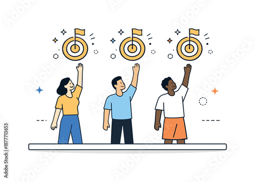 Equal Opportunity Icons. Equal opportunities. Characters standing on the same level platform, reaching for identical goal icons. Sense of fairness and shared
