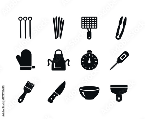 Shrimp Skewering Essentials. Shrimp skewer tools. Solid icon set of shrimp skewer tools: metal skewers, wooden skewers, grill basket, tongs, heat glove, apron,