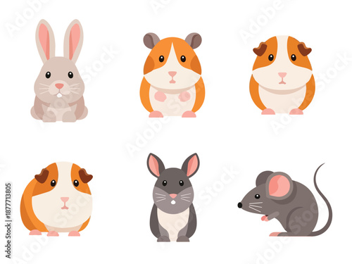 Set of 6 Cute Cartoon Rodent and Rabbit Pet Animal Vector Illustrations