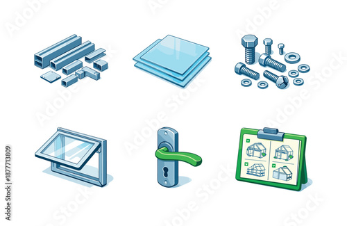 DIY Greenhouse Icons. DIY greenhouse. Isometric flat vector icons set of DIY greenhouse: aluminum frame parts, clear plastic sheets, screw and bolt set, hinged