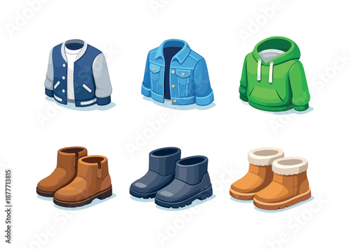 Stylish Jacket Boots Set. Light jacket & boots set. Isometric flat vector icons set of light jacket & boots set: casual cardigan jacket, light denim jacket,