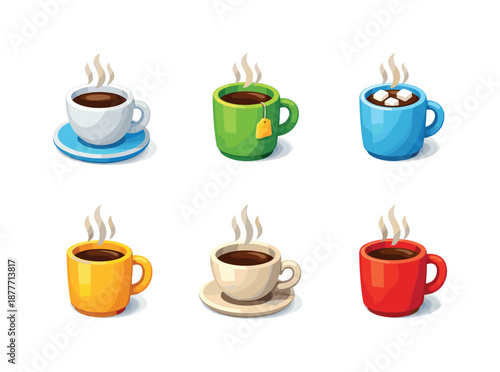 Colorful Hot Drink Icons. Hot drink icons. Isometric flat vector icons set of Hot drink icons: steaming coffee cup, hot tea mug, cocoa cup with steam, minimal