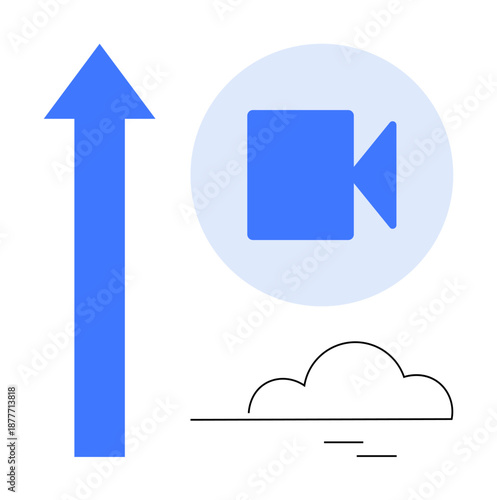 Video sharing, cloud technology, data transfer, content creation, online communication, digital storage. Blue arrow, video icon simple cloud drawing. Video sharing and cloud technology visualization