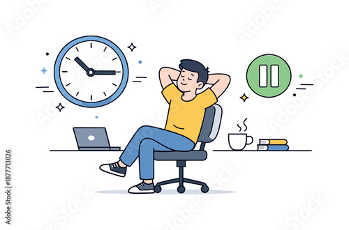 Balanced Work Break. Healthy work rhythm. A worker taking a short break between tasks. Sustainable productivity and balance, clock and pause icons gently