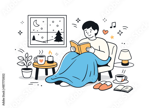 Cozy Winter Retreat. February Seasonal Illustration ? Self-Care Winter Day. A person relaxing indoors with a book and blanket, snow visible through a window.