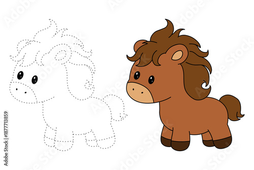 Horse coloring pages. Trace and color horse. Coloring page outline of cute horse. Wild animals horse coloring pages worksheets printable for kids, Kindergarten and preschool activity.