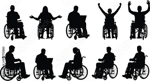 Wheelchair user silhouettes set showing diverse disabled people poses empowerment mobility accessibility inclusion independence strength isolated black background vector illustration