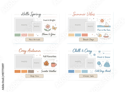 Editorial Seasonal Moodboard. Seasonal moodboards. A modern editorial moodboard mixing photos placeholders, color palettes, typography blocks, and icons,