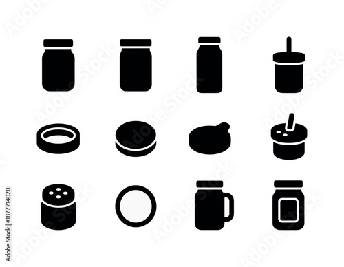 Jar Icon Variations. Jar variations. Solid icon set of jar variations: regular-mouth jar, wide-mouth jar, tall jar, short jar, lid band, flat lid, pour lid,