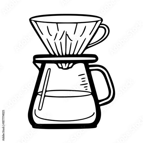Manual Pour-Over Coffee Maker with Glass Server and Dripper Line Art Illustration