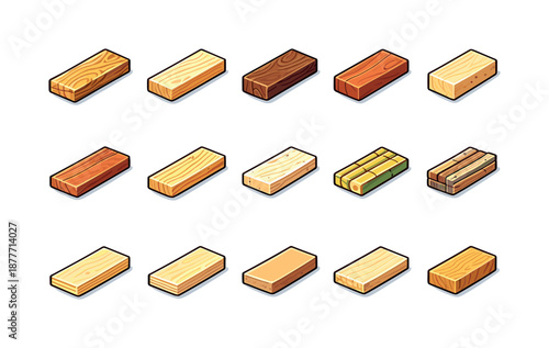 Colorful Wood Icons. Wood types. Colorful isometric vector icons set of wood types: oak plank, pine board, walnut slab, cherry piece, maple block, cedar slat,