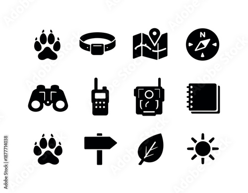 Wildlife Tracking Icons. Wild animal tracking. Solid icon set of wild animal tracking: footprint icon, tracking collar, map, compass, binoculars, radio device,