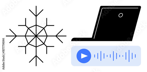 Technology integration, remote work, digital communication, data visualization, modern learning, innovation. Snowflake paired with a laptop and an audio playback icon. Technology and digital