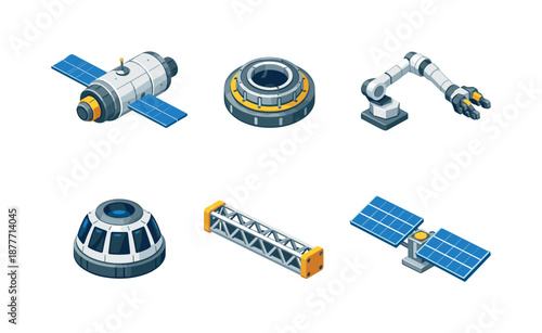Isometric Orbital Icons. Orbital Systems. Isometric flat vector icons set of orbital systems: space station module, docking port, robotic arm, observation