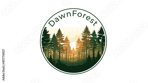 Circular Dawn Forest Logo with Trees.