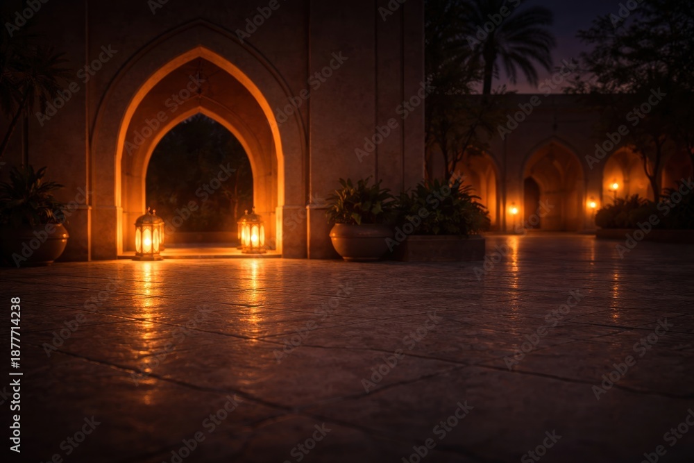 Fototapeta premium Atmospheric view of a traditional middle eastern courtyard with glowing lanterns and arched architecture at night