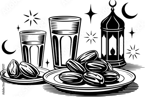 Dates and water with ramadan lantern black and white silhouette vector
