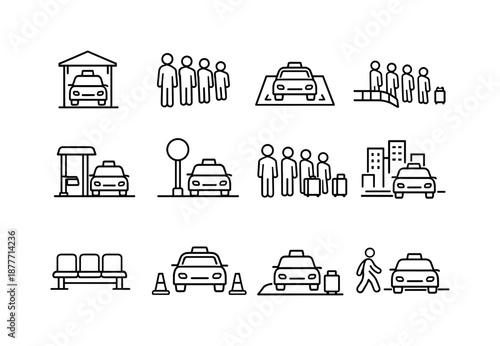 Taxi Stand Icons. Taxi Stand Waiting. Line icon set of Taxi Stand Waiting: taxi stand sign, queued passengers, marked pickup zone, line of people, curbside