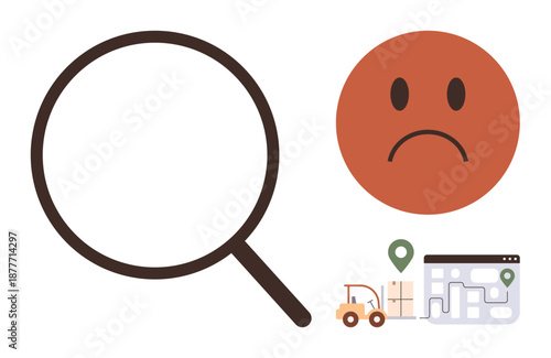 Logistics issues, delivery tracking, error recognition, shipping problems, supply chain, location services. A magnifying glass, sad face and a map with delivery icons. Logistics issues and delivery