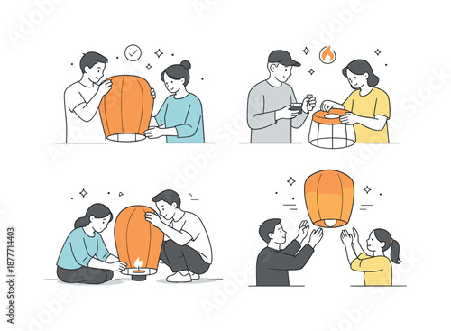 Lantern Lighting Preparation. People lighting lanterns preparation. Individuals checking lanterns and lighting them step by step. Thoughtful preparation and
