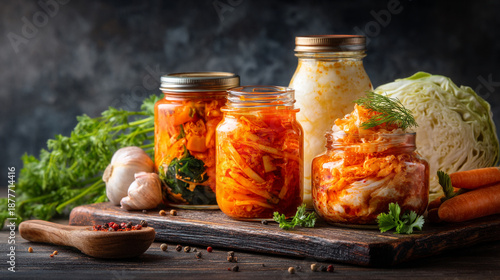 Assorted Jars of Fermented Vegetables Kimchi and Sauerkraut