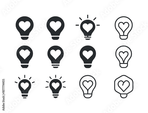 Positive Mindset Icons. Positive thinking and mindset shifts. Icon set. Set Logo of Positive thinking and mindset shifts: Lightbulb with heart core: Flat