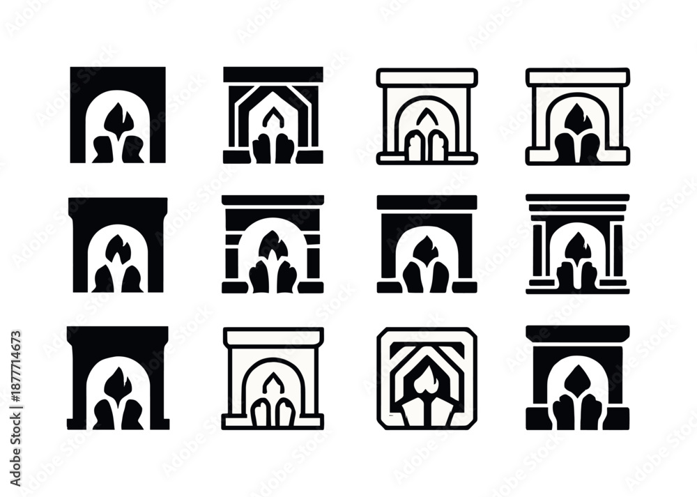 Obraz premium Fireplace Icon Variations. People enjoying a warm fire in the fireplace. Icon set. Set Logo of people enjoying a warm fire in the fireplace: feet