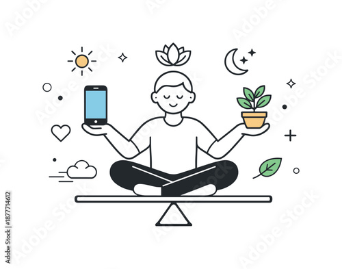 Balance_ Tech and Nature. Healthy screen-life balance. A person balancing a phone on one side and a plant on the other. Harmony and awareness, abstract symbols