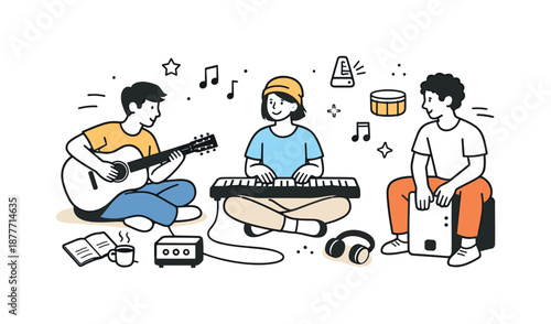 Creative Music Jam. Music jam session practice. Small group experimenting with melodies and rhythms in an informal setting. Focused creativity and shared