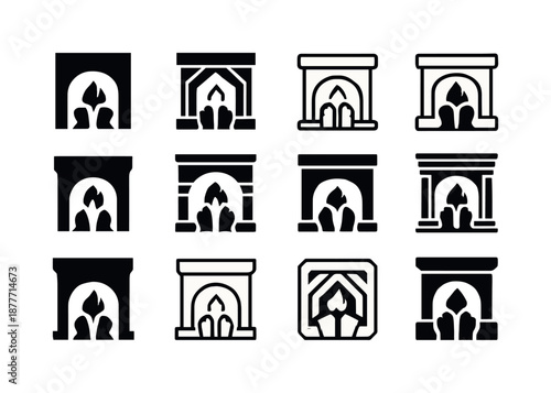 Fireplace Icon Variations. People enjoying a warm fire in the fireplace. Icon set. Set Logo of people enjoying a warm fire in the fireplace: feet