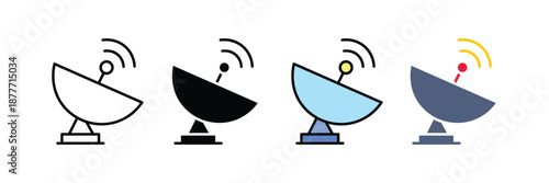 Satellite Dish Icon Set, Wireless Signal Communication and Broadcasting Symbols, Vector Illustration