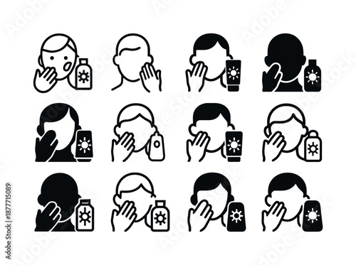 Sunscreen Icon Variations. Applying sunscreen. Icon set. Set Logo of applying sunscreen: applying cream to face. harmonious logo variations of the same