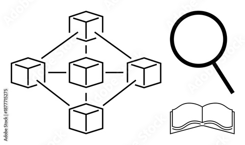 Interconnected block diagram representing blockchain magnifying glass and open book highlighting research, analysis, knowledge sharing, education, transparency, data connections, and technology in
